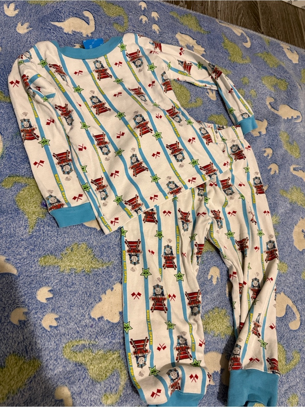 Thomas & Friends White Pajama Set with Blue Trim and Multicolor Train Print
